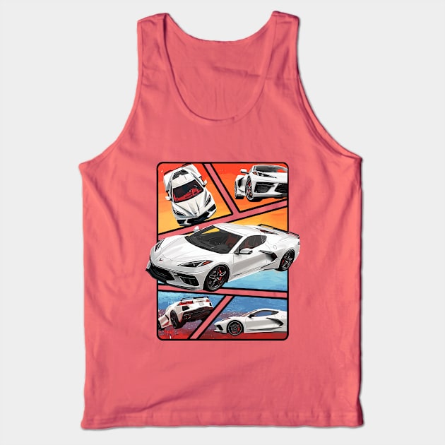 Multiple Angles of the Arctic White C8 Corvette Presented In A Bold Vibrant Panel Art Display Supercar Sports Car Racecar Torch Arctic White Corvette C8 Tank Top by Tees 4 Thee